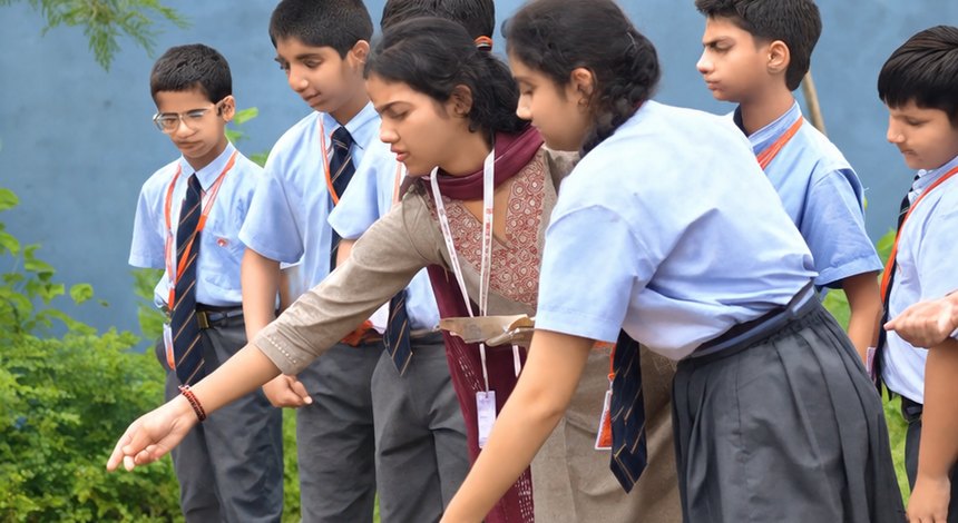 A lesson taken outside, into the school garden at Birla Open Minds International School, Bhopal