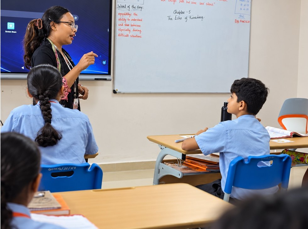 A lesson at the board, with the class turned towards it at Birla Open Minds International School, Bhopal