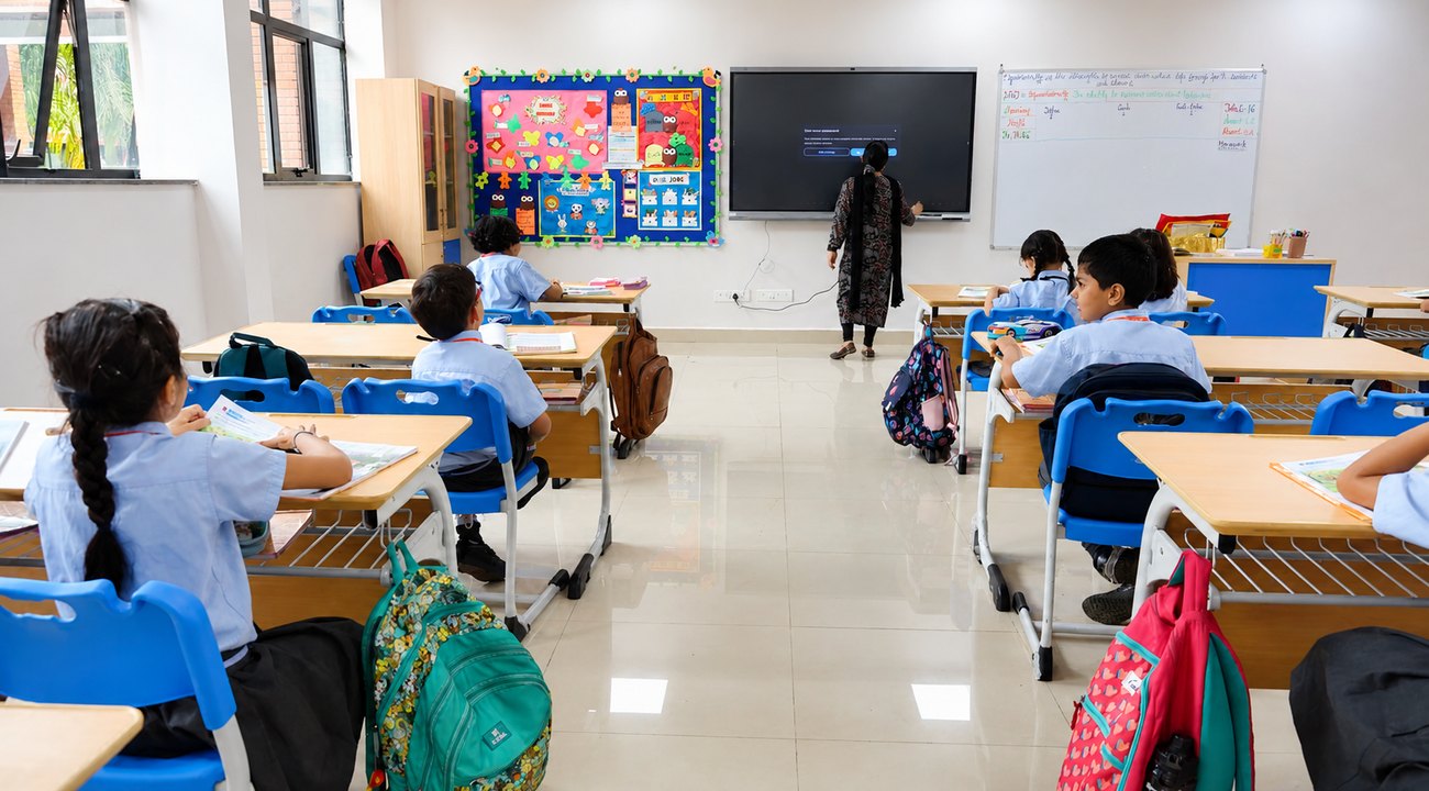A primary classroom here, set up for group work rather than rows, Birla Open Minds International School, Bhopal